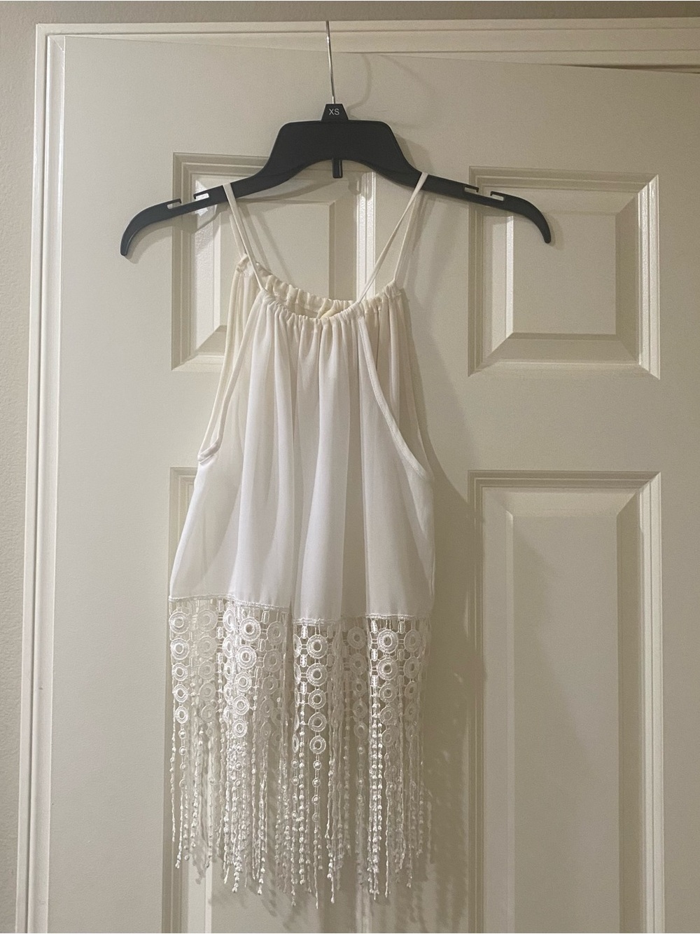 Women's Cream Crochet Fringe Spaghetti Strap Top